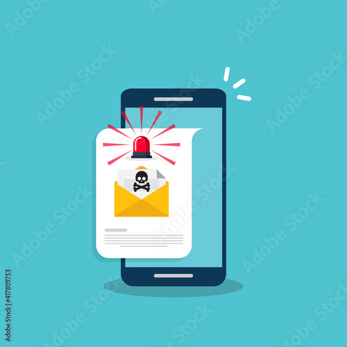 Red alert flasher and email, envelope with black document and skull icon notification on a smart phone. Virus, malware, email fraud, e-mail spam, phishing scam, hacker attack concept. Vector 