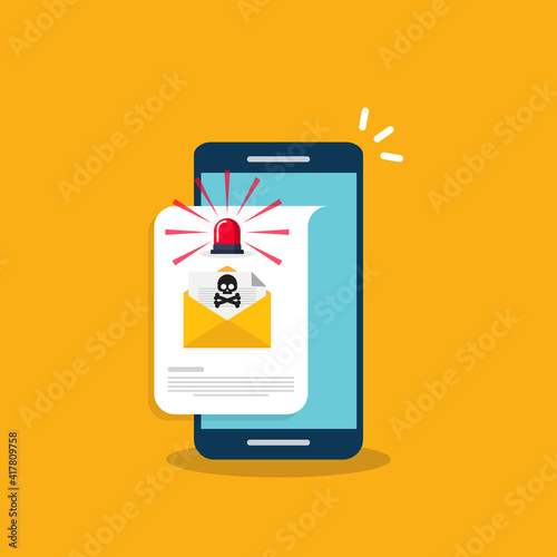 Red alert flasher and email, envelope with black document and skull icon notification on a smart phone. Virus, malware, email fraud, e-mail spam, phishing scam, hacker attack concept. Vector 