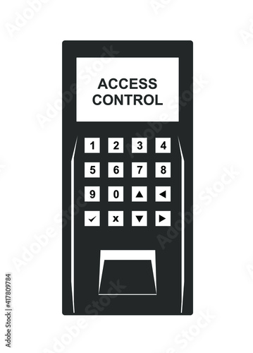 Biometric access control device illustration. Electronic security door lock icon with keypad and fingerprint reader, isolated on a white background.