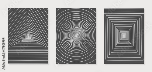 Set of three posters with geometric patterns. Spiral lines in the form of a circle, triangle, square. Imitation of perspective, tunnel. Monochrome black and white colors. Simple style, minimalism. 