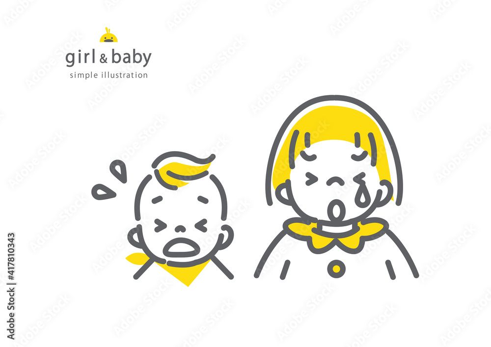 赤ちゃんと女の子のシンプルでかわいい線画イラスト　二色