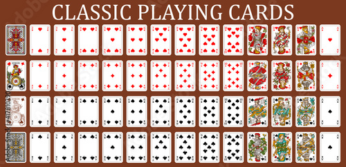 New Franzosische Spielkarte playing cards, simplified version. Poker set with isolated cards. Poker playing cards, full deck.