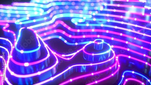 Colorful urban background, big data, geometric structure, wavy, cyber safety, quantum computer, storage, virtual reality, futuristic pink blue neon light close up. 3d rendering