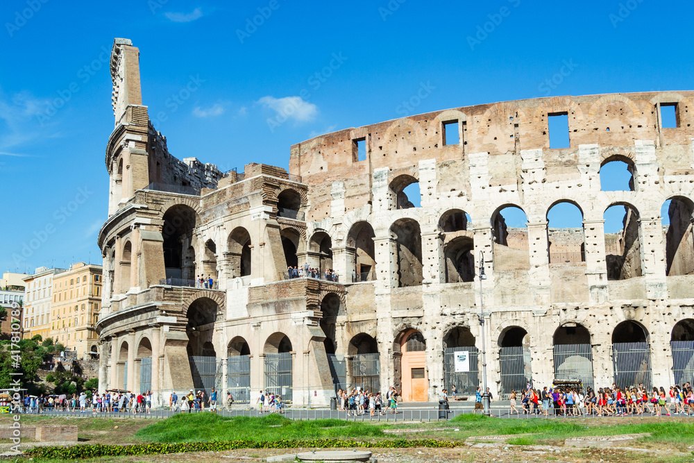 ruins of the Roman coliseum in the city of Rome, Italy.