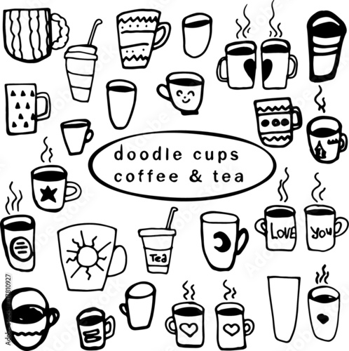 Coffe cups Hand Drawn.  Icon Set  of cup doodles on white. Vector illustration.
