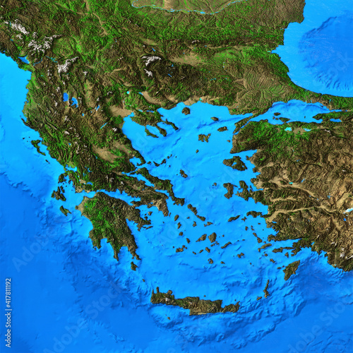 Fototapeta Naklejka Na Ścianę i Meble -  Physical map of Greece. Detailed flat view of the Planet Earth and its landforms. 3D illustration - Elements of this image furnished by NASA
