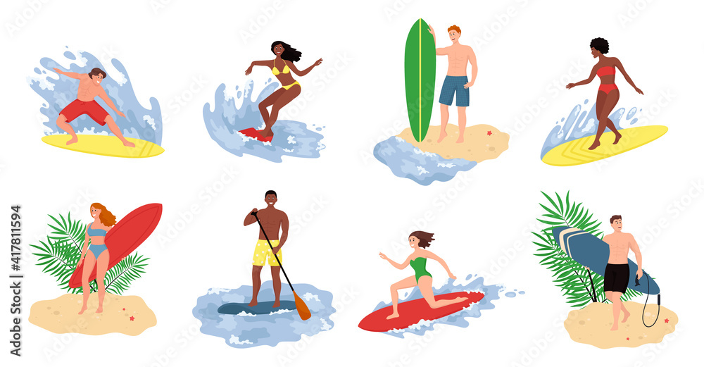 Collection of cute funny people in swimwear surfing in sea or ocean. Flat cartoon vector illustration. Collection of cute funny people in swimwear surfing in sea or ocean. Flat cartoon vector illustration.