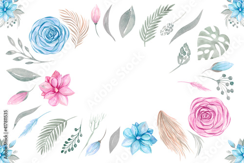 Fototapeta Naklejka Na Ścianę i Meble -  Floral banner with pink and blue flowers on a white background Botanical elements copy space