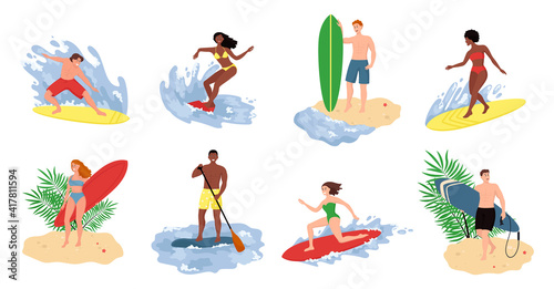 Collection of cute funny people in swimwear surfing in sea or ocean. Flat cartoon vector illustration.