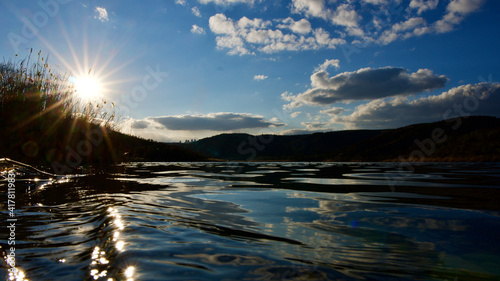 Ankara Eymir lake and its surroundings. Cormorants. Reeds. Reflections in the water. photo