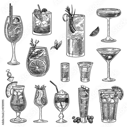 Cocktail glasses sketches set. Hand drawn martini, gin, wine, margarita, cognac, goblet, liquor, scotch, whiskey. Engraved vector illustration for long and shot drinks, bar menu, alcohol concept