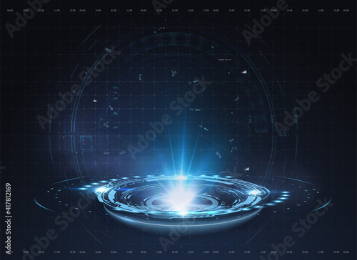 Fantastic Circle portals, holograms teleport gadgets. Sci-fi digital hi-tech elements for presentation. Circle Sci-fi elements with light and lights.  Innovation techno background. Vector