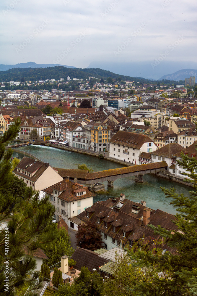 Top view of Lucerne city from Little Man Tower (Switzerland). European architecture. Lucerne lake.
