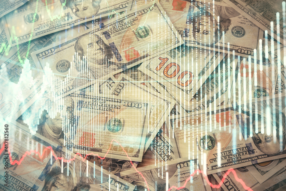 Multi exposure of forex chart drawing over us dollars bill background. Concept of financial success markets.