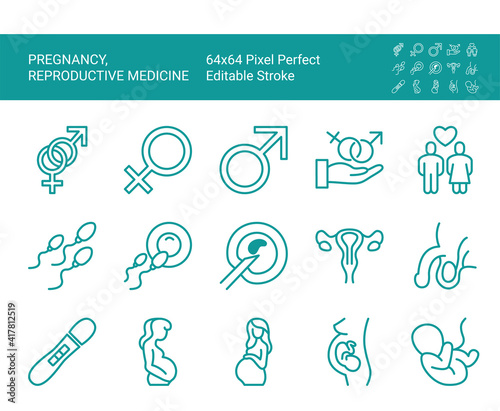 Set of line icons of reproductive medicine, pregnancy. Editable vector stroke. 64x64 Pixel Perfect.