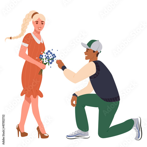 The young guy got down on one knee and proposes to his girlfriend. Couple in love. Flat vector illustration