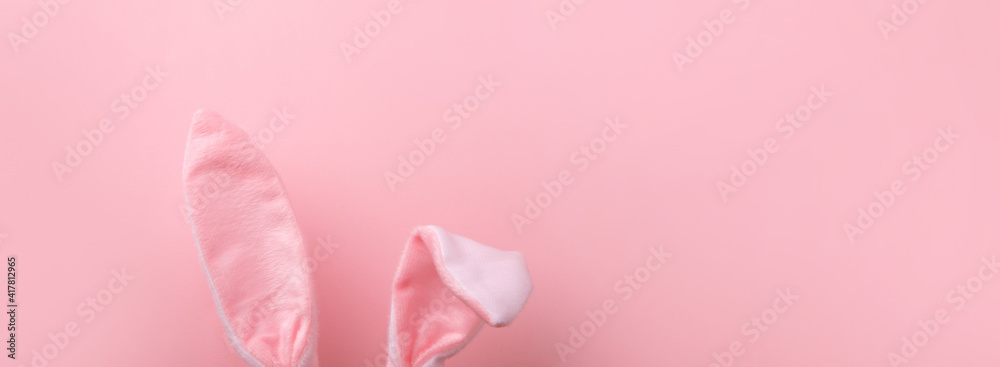 pink rabbit ears over pink background, minimal easter background, panoramic mock-up
