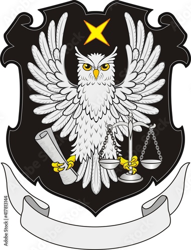 The owl is gray on a black coat of arms with a ribbon under it. Vector illustration in black and white. 
