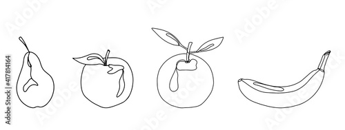 Set of linear fruits on a white background. Apple and orange and pear and banana and tangerine in the style of line art, doodle. Vector illustration in one line.