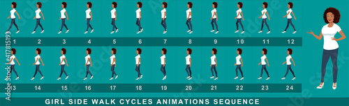 Girl Character side Walk Cycle Animation Sequence.  Frame by frame animation sprite sheet of  woman walk cycle.  © AryanRaj