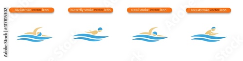 Set of Vector symbols depicting butterfly stroke, front crawl stroke, backstroke and breaststroke swimmers. Swimming pool icons. Sports activity in water sign. Isolated in white background. photo