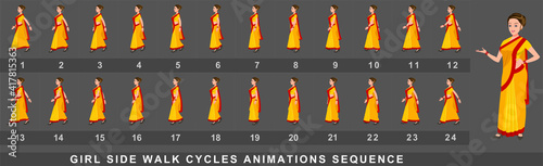 Girl Character side Walk Cycle Animation Sequence.  Frame by frame animation sprite sheet of  woman walk cycle. 