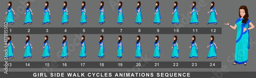 Girl Character side Walk Cycle Animation Sequence.  Frame by frame animation sprite sheet of  woman walk cycle. 