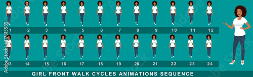 Girl Character Front Walk Cycle Animation Sequence.  Frame by frame animation sprite sheet of  woman walk cycle.