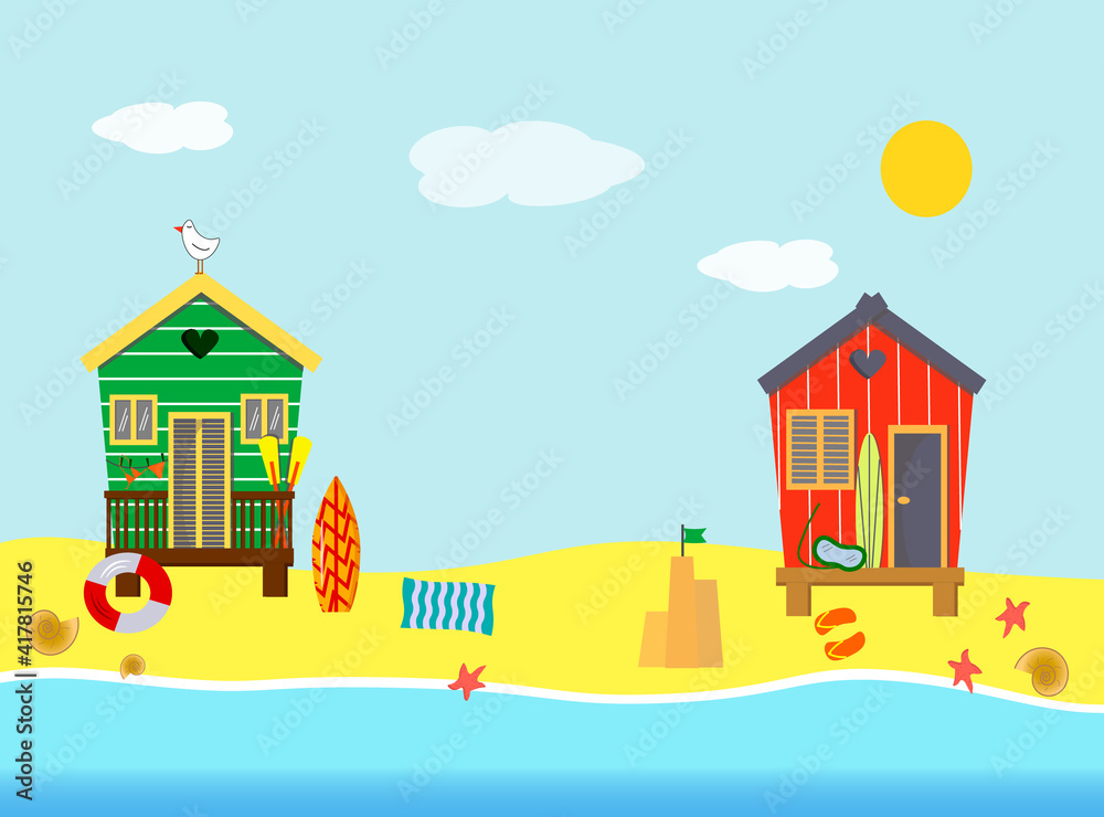 Beach houses, sea, sun, surfboard sand and leisure facilities. Illustration of a happy summer holiday. Vector illustration for decorating brochures, flyers, showcases, invitations, posters and prints.