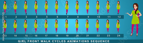 Girl Character Front Walk Cycle Animation Sequence.  Frame by frame animation sprite sheet of  woman walk cycle.
