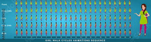 Girl Character Front Walk Cycle Animation Sequence.  Frame by frame animation sprite sheet of  woman walk cycle.