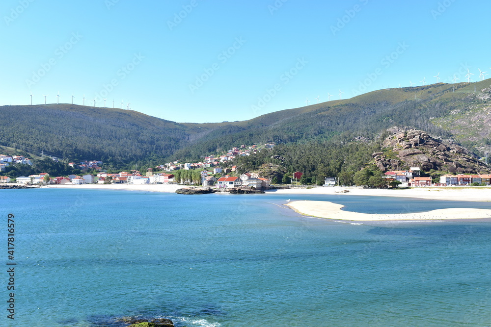 Small fishing village and beach at Rias Baixas Region. Ezaro, Dumbria, Coruña, Galicia, Spain.