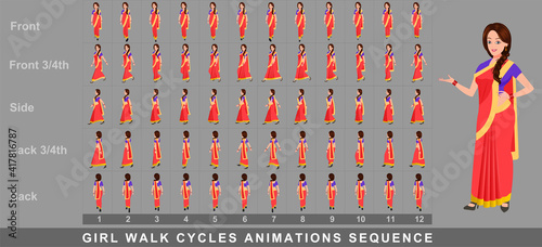 Girl Character Front Walk Cycle Animation Sequence.  Frame by frame animation sprite sheet of  woman walk cycle.