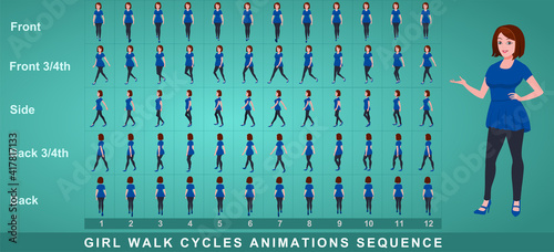 Girl Character Front Walk Cycle Animation Sequence.  Frame by frame animation sprite sheet of  woman walk cycle.