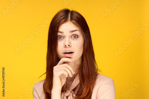 emotional attractive woman glamor studio fashion yellow background