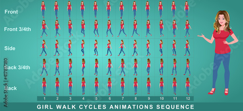 Girl Character Front Walk Cycle Animation Sequence.  Frame by frame animation sprite sheet of  woman walk cycle.