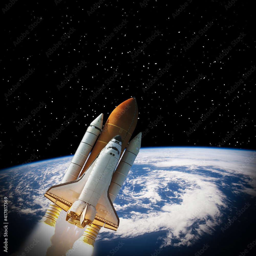 Naklejka premium Rocket and earth. Galaxy and stars. The elements of this image furnished by NASA.