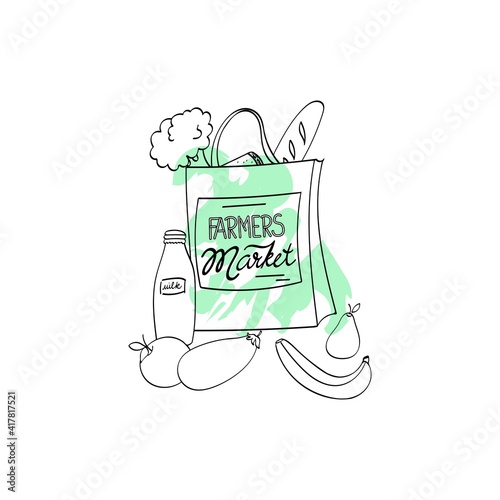 Lettering Farmers Market - A bag of vegetables, fruits and bread. Black and white hand drawn vector illustration for poster or banner. Organic food