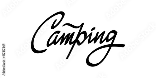 Lettering camping. Hand drawn black and white illustration isolated on white background.