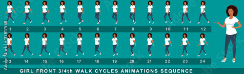 Girl Character Front Walk Cycle Animation Sequence.  Frame by frame animation sprite sheet of  woman walk cycle.