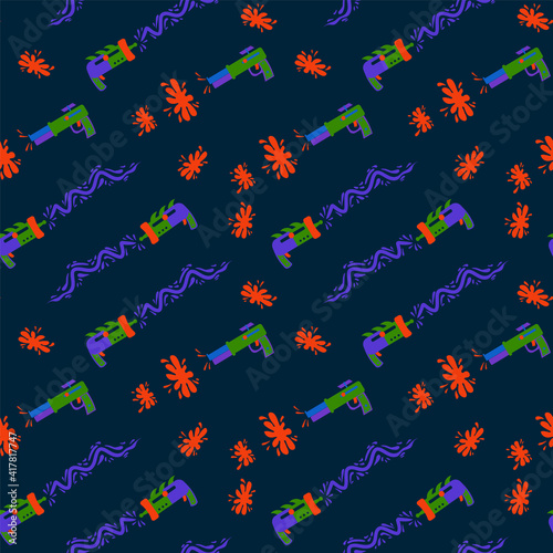 A pattern of bright Blasters. Space game weapons for children's textiles. Toy blaster pattern with blasters and laser. Star game for the background of greeting cards. Vector illustration © Dilara