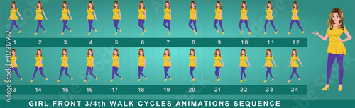 Girl Character Front Walk Cycle Animation Sequence.  Frame by frame animation sprite sheet of  woman walk cycle.