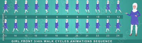 Girl Character Front Walk Cycle Animation Sequence.  Frame by frame animation sprite sheet of  woman walk cycle.