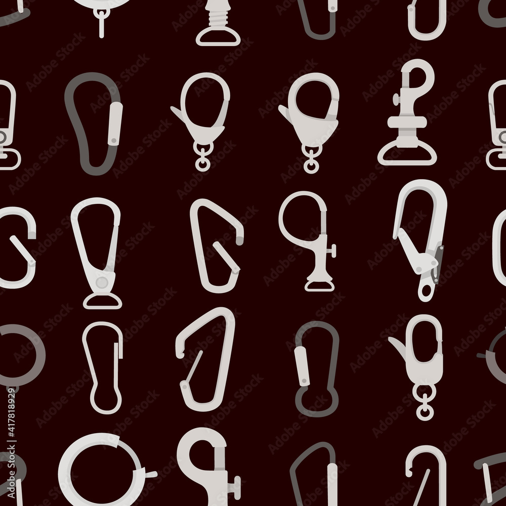Seamless pattern of metal climbing carabiners and claw clasps alpine climbing equipment flat vector illustration on dark background Seamless pattern of metal climbing carabiners and claw clasps alpine climbing equipment flat vector illustration on dark background