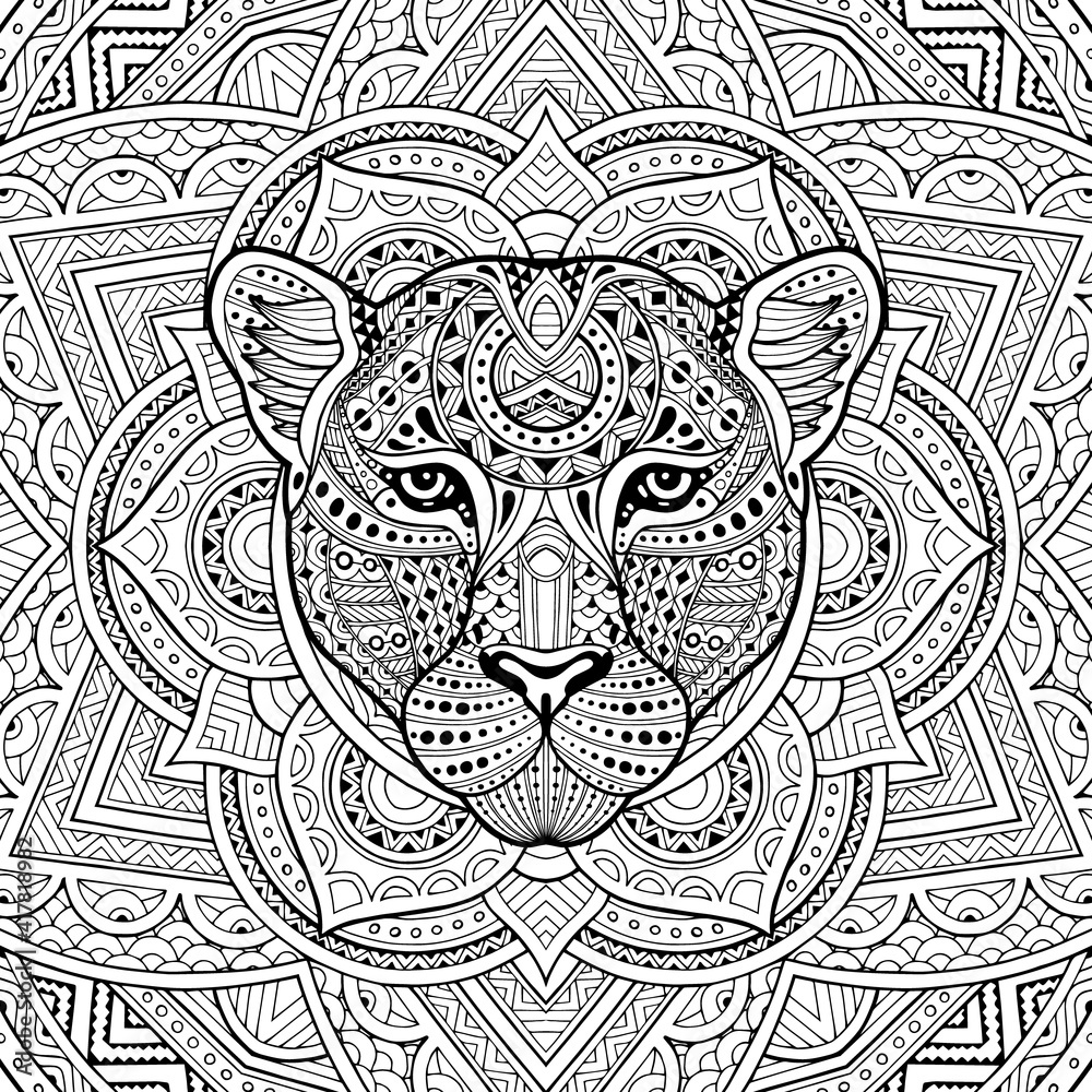 Patterned leopard, puma, panther, cat head in the zentangle style of a  white background passing. Tribal ornament painted by hand. Series ethnic  animals. African, Indian. Mandala. Ornament. Vector Stock Vector | Adobe