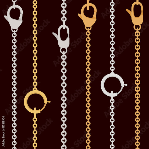 Seamless pattern golden and silver chain with claw clasp jewelry accessory flat vector illustration on dark background