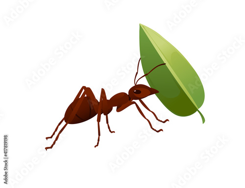 Cute brown ant holding a green leaf cartoon bug animal design vector illustration isolated on white background