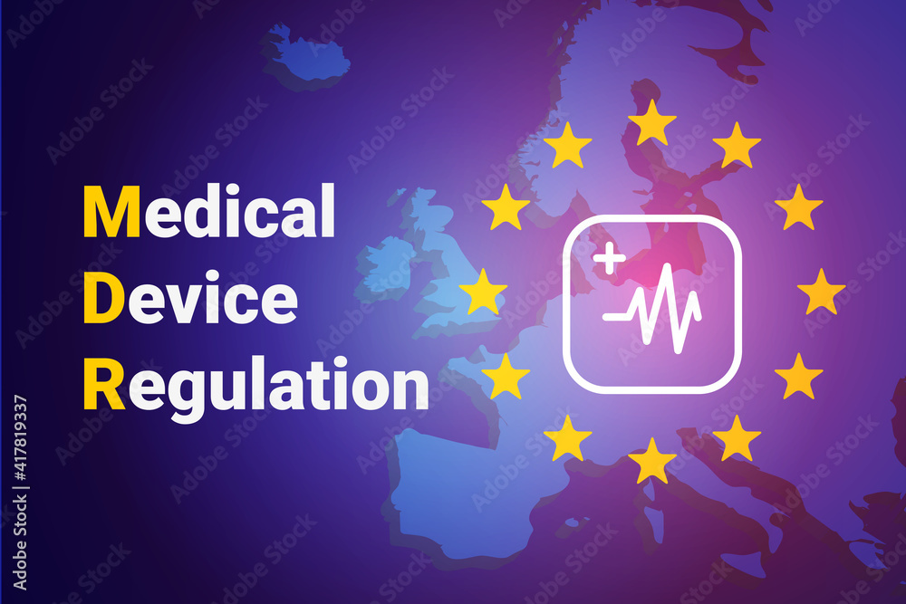 MDR - Medical Device Regulation. Regulation of the EU- European Union on the clinical investigation and sale of medical devices for human use. Vector illustration on blue background