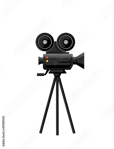 Black color movie camera on tripod with film reel vector illustration isolated on white background