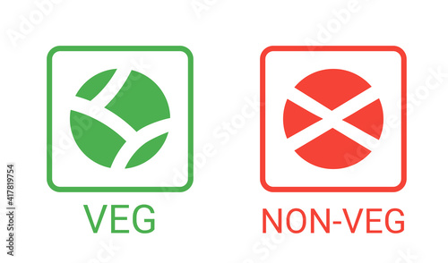 Veg, non-veg - Vegetarian and non-vegetarian marks in India, Sri Lanka, Pakistan. Green sign for packaged food and toothpaste products. Food icon symbol